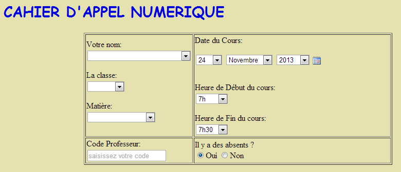 Ecran d'accueil cahier d'appel appel